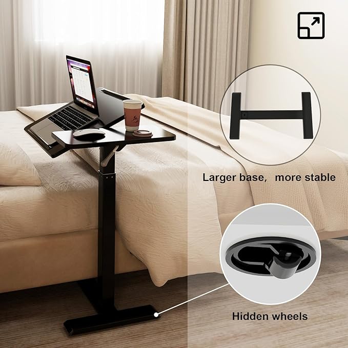 PUNCIA Height Adjustable Overbed Table with Pneumatic Lift and Wheels Split Top Tilting Tray and Rolling Laptop Desk – Bedside Cart for Reading Computer Work Study in Bedroom and Home Office