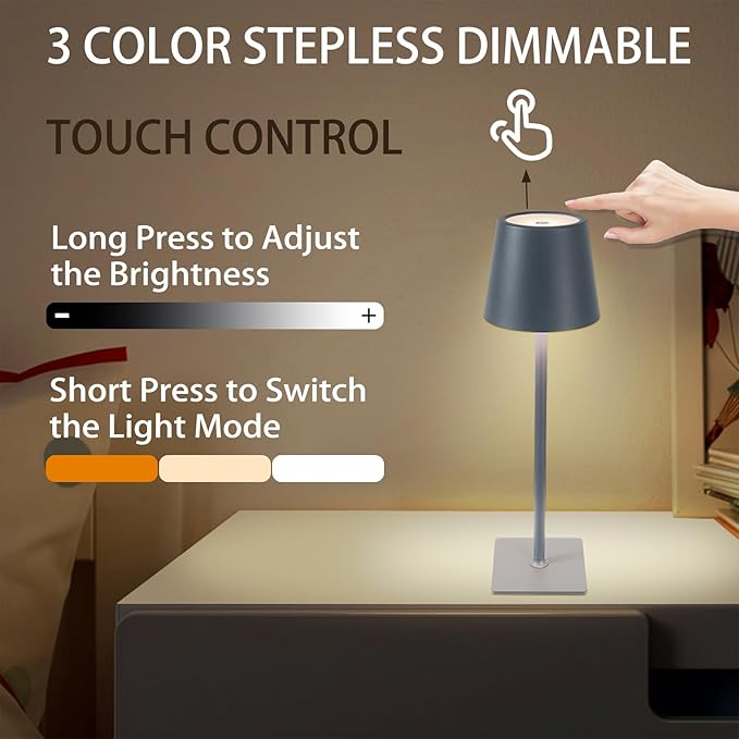 MIOBLUE 2 Pack Cordless Table Lamp,Portable LED Desk Lamp, 5200mAh Battery Operated, 3 Color Dimmable Table Light for Restaurant,Coffee Shop Night Light,Bedroom,Bars,Outdoor Party,Camping(Dark Grey)