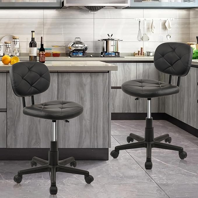 Rolling Stool Chair with PU Leather Backrest and Adjustable Height for Computer Home Standing Desk 2 Pack