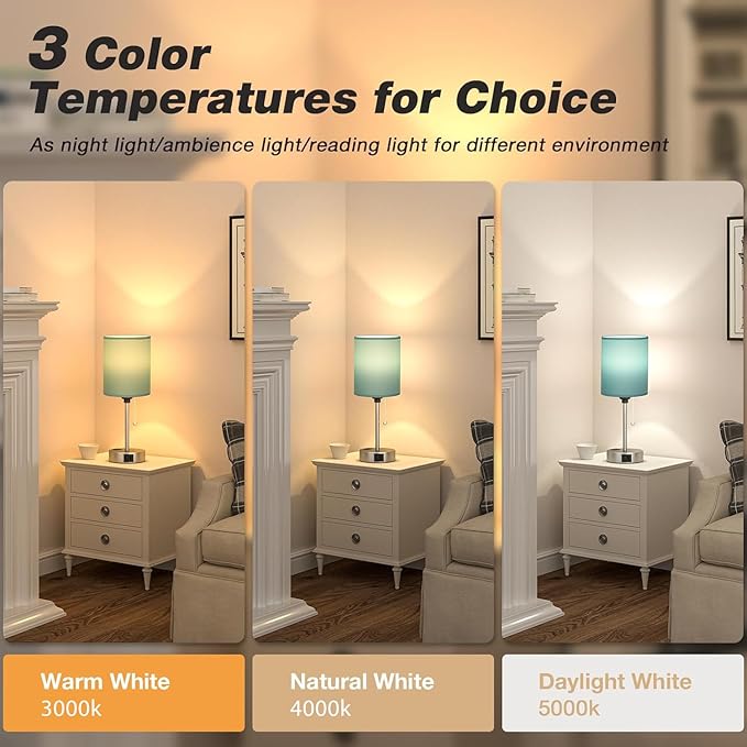 Teal Bedside Lamp for Nightstand - 3 Color Temperature Table Lamp with USB C and A Ports, Pull Chain Lamp for Bedroom with AC Outlet, Coastal Desk Lamp with Silver Metal Base for Kids Girls