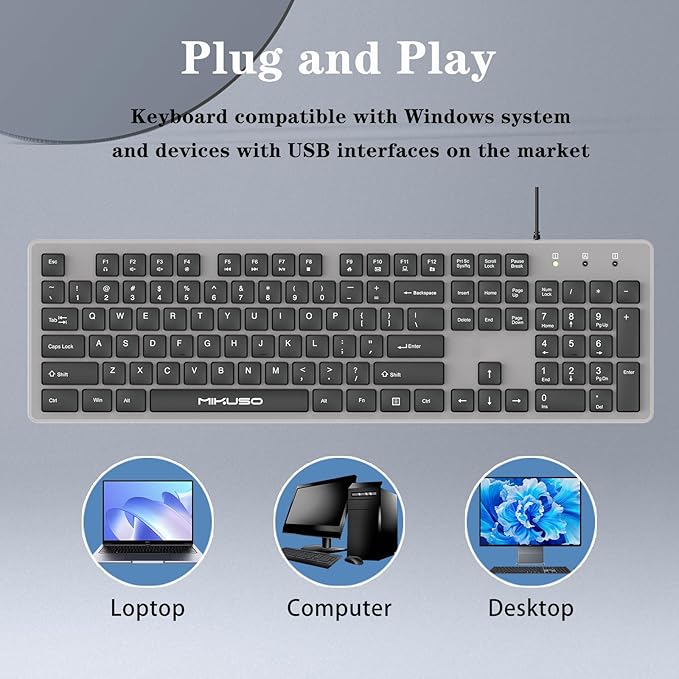 Wired Computer Keyboard Character anti fading,Corded Low-Profile, 12 Multimedia Hotkeys,1.6m Cable USB Interface Plug and Play Suitable for Computers, Laptop and PC,Full-Size,Number Pad, Office