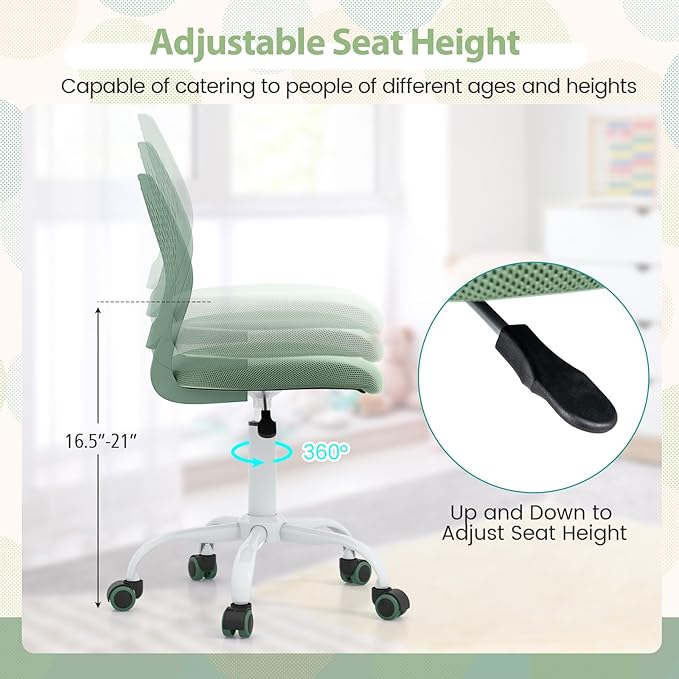 POWERSTONE Small Home Office Desk Chair, Swivel Rolling Study Computer Chair, Adjustable Height Task Chair with Armless Mid Back, Upholstered Mesh Seat, Light Green