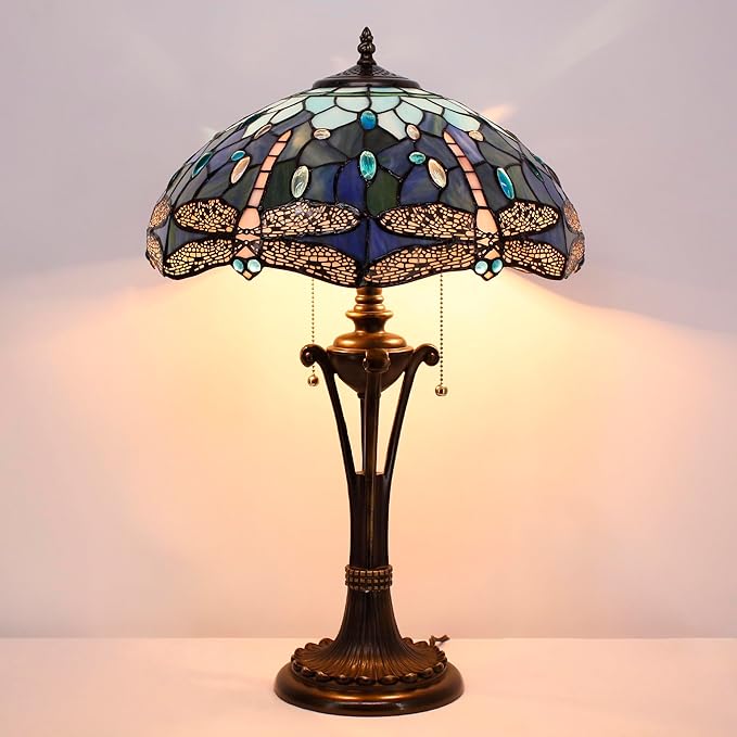 Tiffany Table Lamp Blue Stained Glass Desk Lamp 16X16X24 Inches Dragonfly Style Reading Light