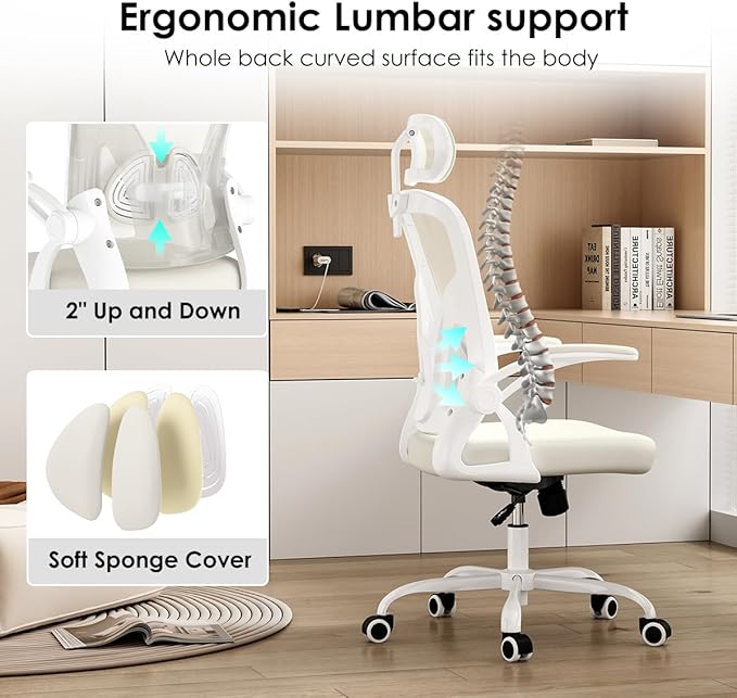 Farini Ergonomic Office Chair, Home Office Desk Chair with Headrest, High Back Computer Chair with Armrests and Adjustable Lumbar Support for Home Office Study Room, White & Beige