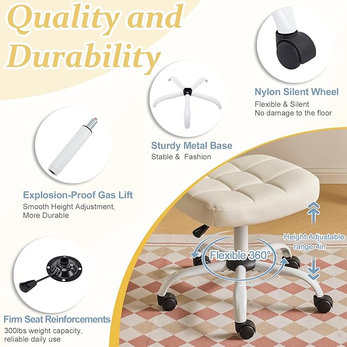 VINGLI Compact Small Desk Chair, Cute Armless Chair with Wheels, Vanity Chair with Low Back, Height Adjustable Task Chair for Small Spaces, Office, Bedroom, Make Up Room, PU Leather, White
