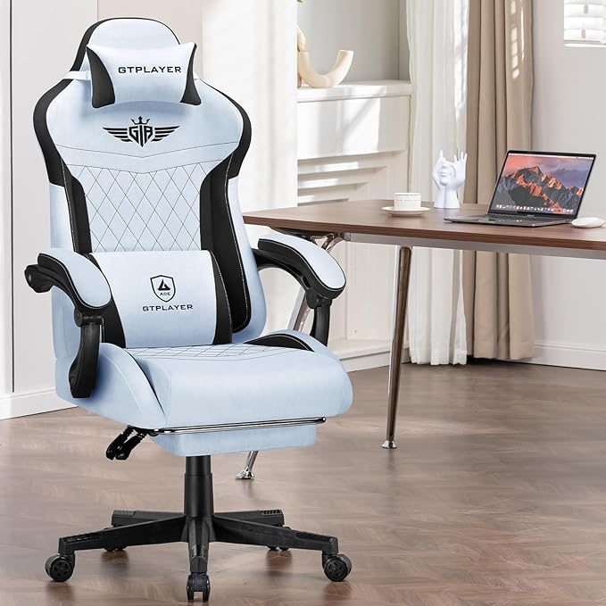 GTPLAYER Gaming Chair, Video Game Chairs with Footrest and Lumbar Support, Computer Chair for Adults with Extended Backrest, Ergonomic Reclining Silla Gamer, Velvet Fabric, Light Blue