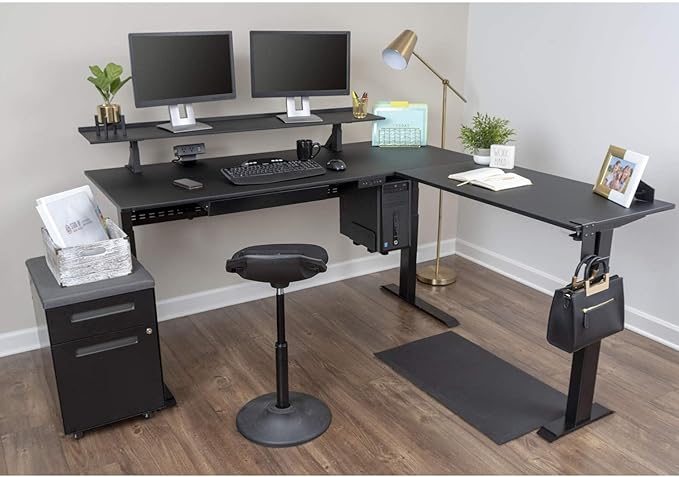 Stand Up Desk Store Triple Motor Electric L-Shaped Corner Standing Desk with EZ Assemble Frame (Black Frame/Black Top, 71" W x 71" D)