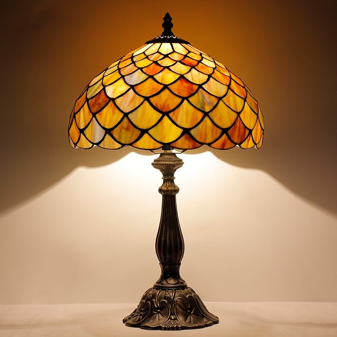 Tiffany Lamp Touch Control Table Lamp Yellow Green Stained Glass Desk Lamp 12X12X19 Inches Fish Scales Style Reading Light