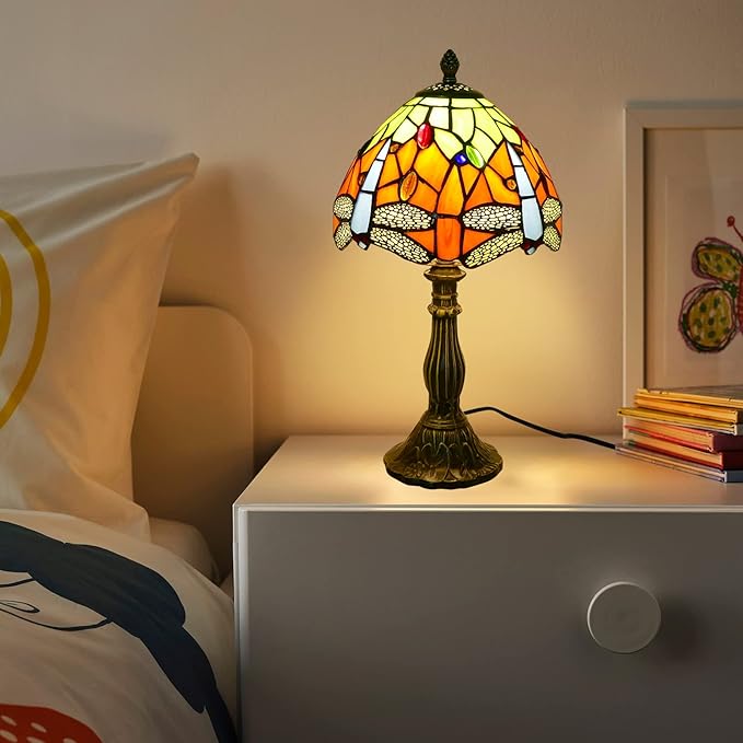 Tiffany Lamp Orange Dragonfly Stained Glass Table Lamp Desk Reading Light, 8" Wide 15" Tall Bronze Base Bedside Table Lamp Decor for Bedroom Living Room Home Office