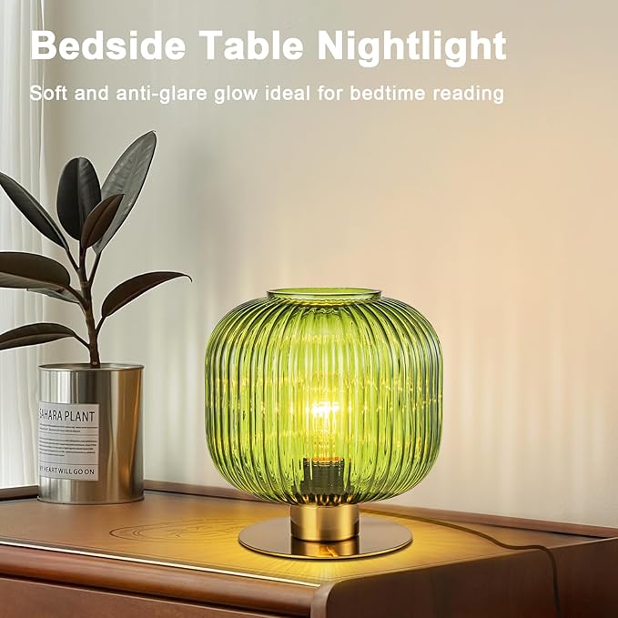 Green Table Lamp Glass Table Lamps Mid Century Modern Table Lamp Gold Bedside Lamp Vintage Nightstand Lamp with Ribbed Globe Shade Brass Desk Lamp Small Side Table Lamps for Bedroom Living Room