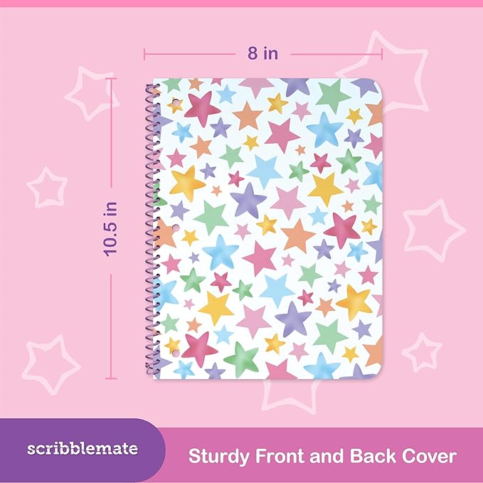 Wide Ruled Spiral Notebook, Adorable 1 Subject Notebooks for kids 100 Sheets/200 Pages, Perforated 3-Hole Punched Sheets with Interior Paper Pocket 8x10.5 Inch (12 Pack)