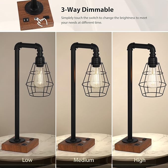 Industrial Touch Control Table Lamp, LED Bulb Included, 3 Way Dimmble Lamp with 2 USB Ports and AC Outlet, Bedside Nightstand Desk Lamps with Metal Cage Shade for Bedroom Living Room Farmhouse