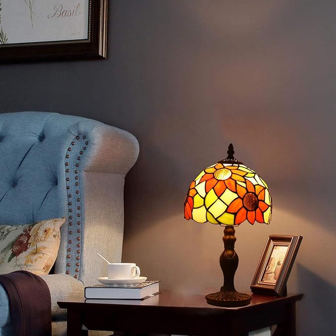 Tiffany Small Table Lamp Sunflower 3-Way Color Temperatures Stained Glass Table Lamps for Living Room Bedroom Bedside Nightstand Night Light Home Office Desk Lamp W/LED Bulb 8X8X15Inch