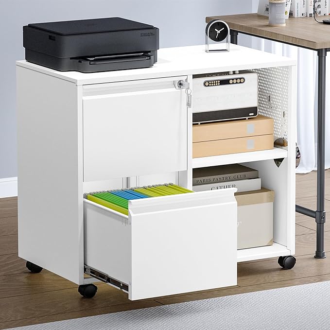 Mobile File Cabinet, 2 Drawer Lateral Filing Cabinets with Lock, Open Storage Cabinet with Adjustable Shelves Fits Letter, A4, Legal Size for Home Office Organization, White