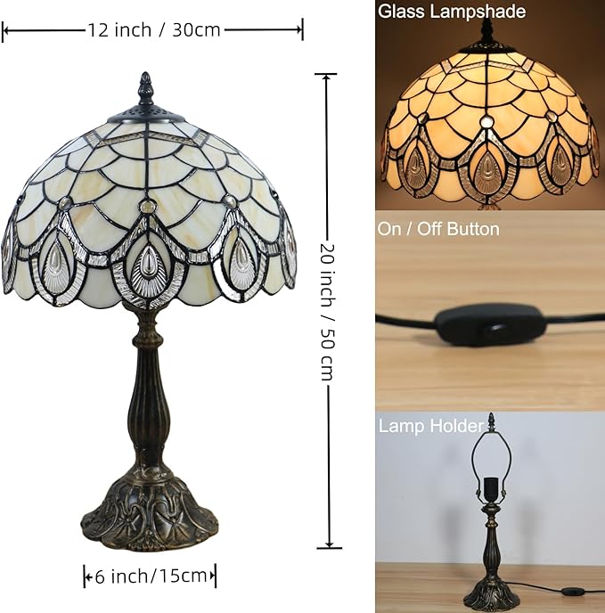 Tiffany Style End Side Table Lamps, Modern Bedside Nightstand Stained Glass with Crystal Large Farmhouse Table Lamp for Bedroom,Living Room Home Office Desk Lamp+LED Bulb,12X12X20INCH