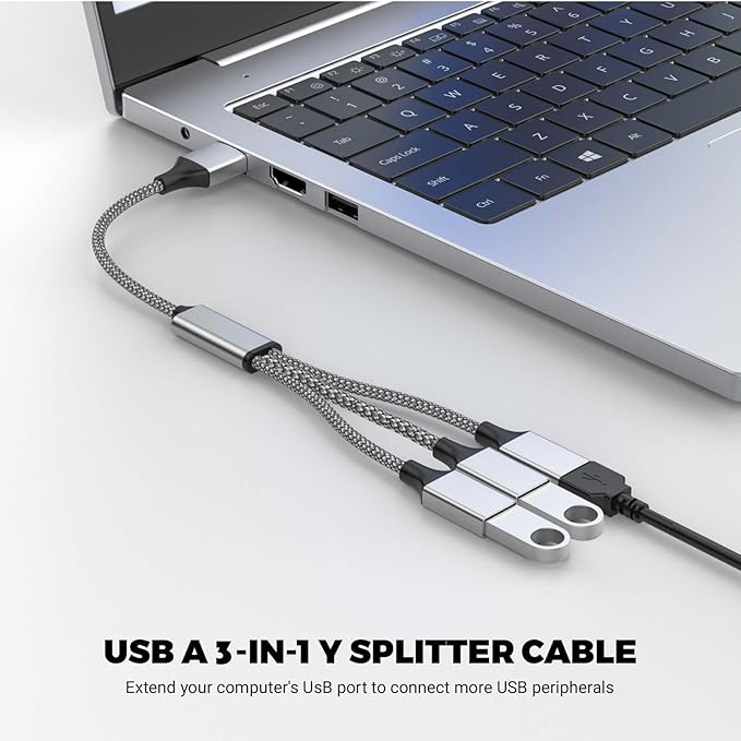 USB Y Splitter 3 in 1, USB A Male to 3 Female Cable for PC/Laptop/MacBook/Keyboard/PS4/PS5/Flash Drive/LED Etc.(Silver)