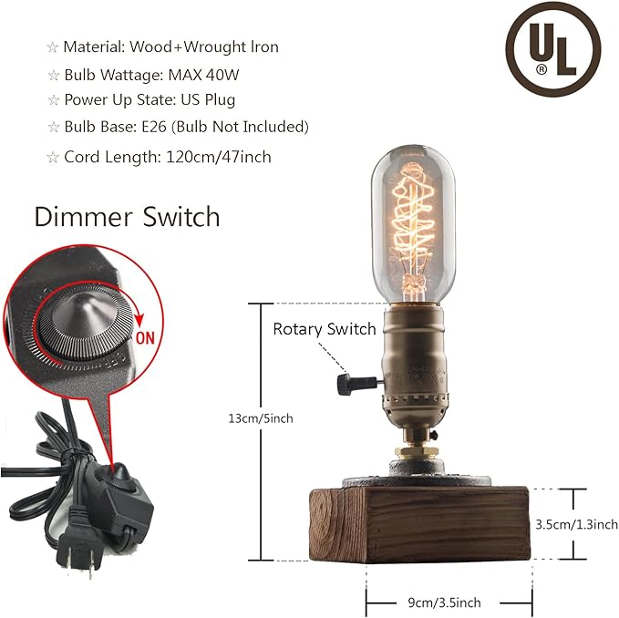 OuXean Vintage Table Lamp, Industrial Dimmable Nightlight Steampunk Desk Lamp with E26 Lamp Holder for Bedroom Living Room Home Art Display Cafe Bar Studio Antique Decor(Without Bulb)