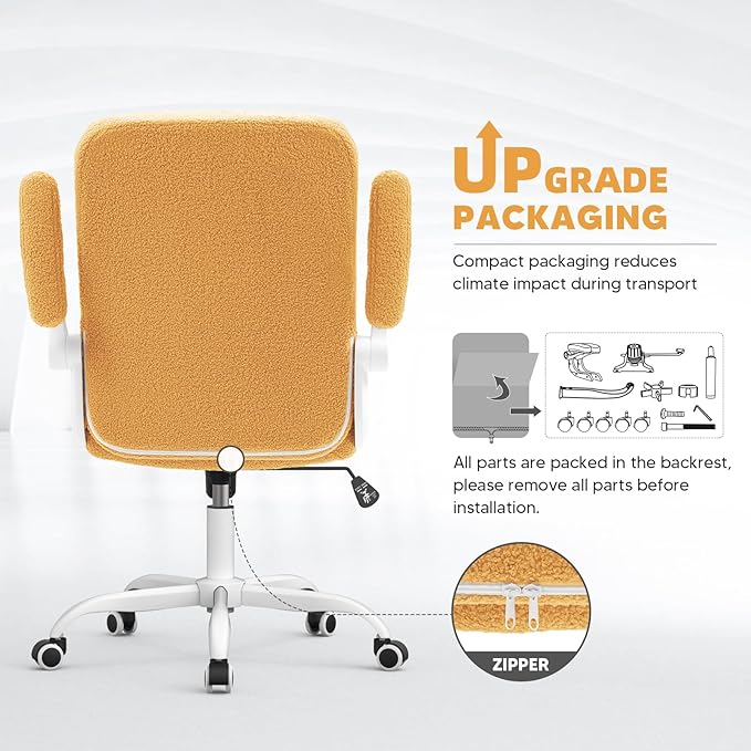 SEATZONE Comfy Office Chair,Yellow Small Desk Chair with Flip-up Armrests Adjustable Swivel Computer Chair for Home,Office,Bedroom