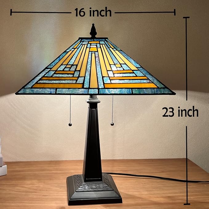 Tiffany Table Lamps 16" Wide Handmade Stained Glass Desk Lamp for Reading 2 Lights Blue Mission Style Antique Table Light for Living Room Bedroom Home Office