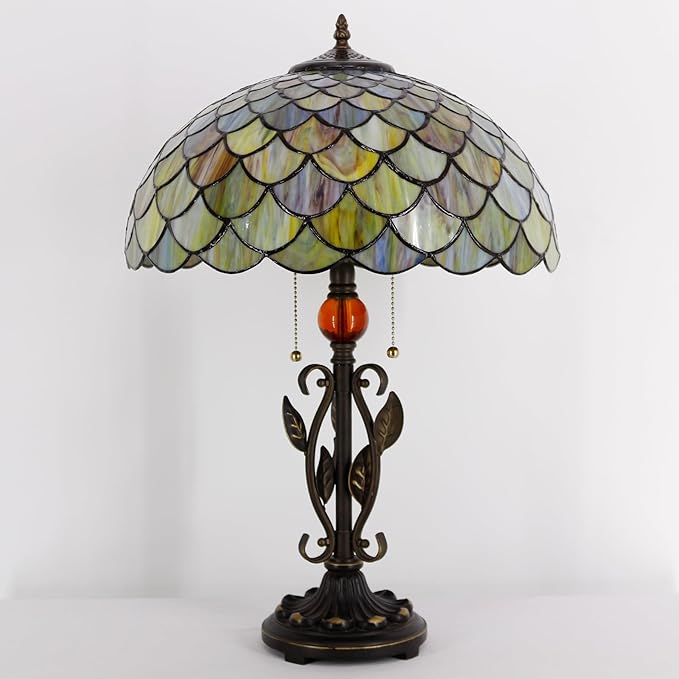 Tiffany Table Lamp Fish Scales Stained Glass Desk Reading Light 16X16X24 Inch Metal Leaf Base for Bedroom Living Room Home Office