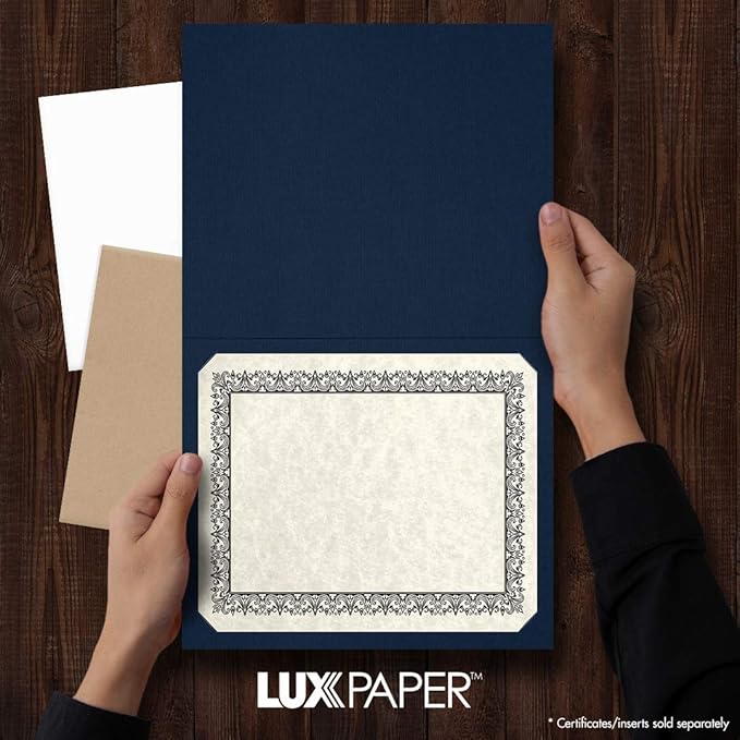 LUXPaper 9.5" x 12" Certificate Holders | Nautical Blue Linen | Embossed Silver Foil Floral Border | 100lb. Cover | 250 Qty