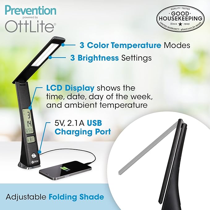 Prevention by OttLite LED Task Adjustable Lamp with Digital Display - Designed to Reduce Eyestrain - Adjustable Neck, 3 Color Modes & USB Charging - Crafting, Office Work, Reading & Studying