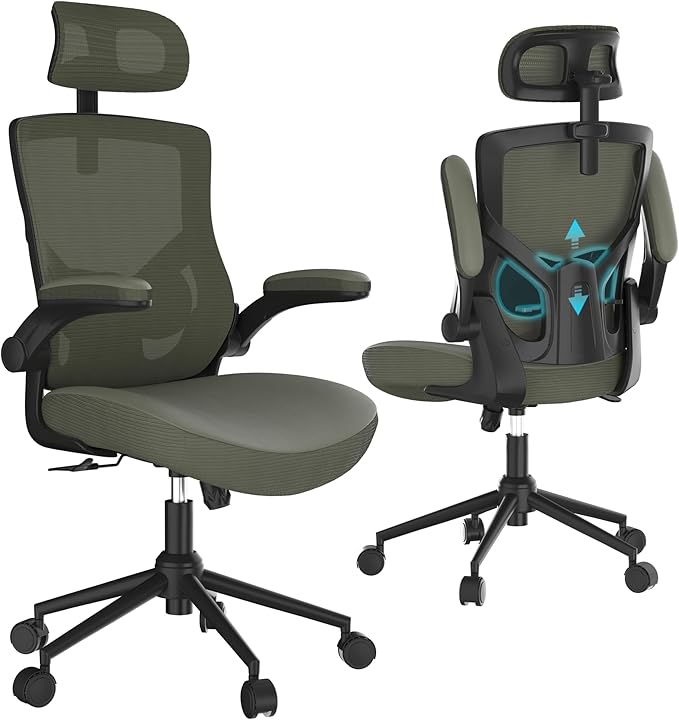 Home Office Chair, Ergonomic Comfy Desk Chair, High Back Computer Chair- Adjustable Headrest with Flip-Up Arms, Lumbar Support, Swivel Executive Task Chair (Hunter Green, Modern)