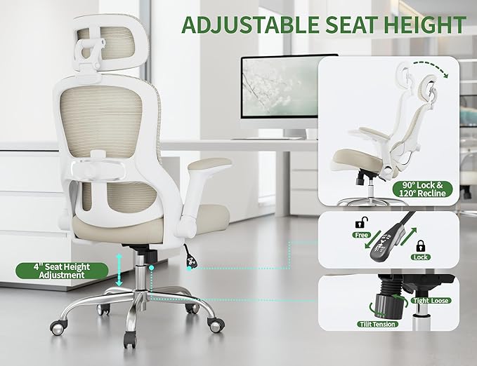 Office Chair - Ergonomic Desk Chair with Adjustable Headrest Lumbar Support Computer Chair - Mesh Comfy Chairs with Flip-up Armrests - Big and Tall Gaming Chairs for Adults Home Office(Beige)