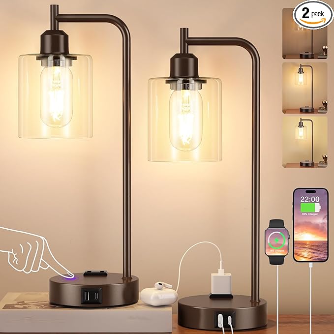 Innqoo Industrial Touch Table Lamps for Bedrooms Set of 2-3-Way Dimmable Lamps with USB C+A Ports and Outlet, Brown Bedside Lamps with Clear Glass Shade for Living Room, Desk Lamps for Home Office