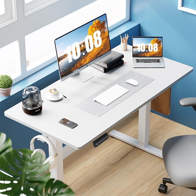 Sweetcrispy Electric Standing Desk Adjustable Height, 55x24 Inch Sit Stand Up Home Office Desks Computer Workstation PC Work Table with 3 Memory Preset Splice Wood Board Metal Frame, White