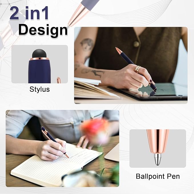 Tenare 12 Pieces 2 in 1 Stylus Metal Ballpoint Pen with Stylus Tip, 1.0 mm Black Ink Ballpoint Pen for Touch Screens(Cyan and Rose Gold)