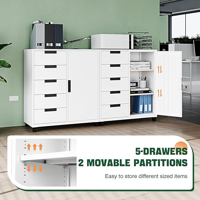 Letaya 5 Drawer Storage Cabinet, Mobile Printer Stand for Home Office,Dresser Chest with Shelves and Door(White)