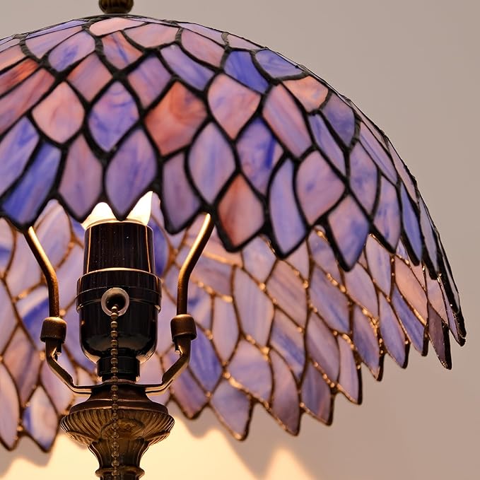 Tiffany Style Table Lamp Vintage Stained Glass Desk Lamp Deep Blue Purple Wisteria Bedside Reading Light Decor Bedroom Living Room Home Office D12 xH18