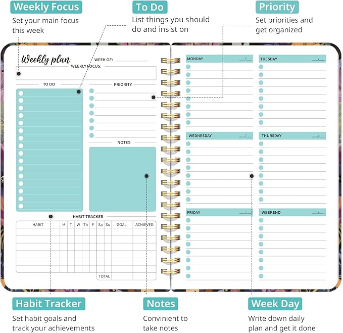 Undated Weekly Planner, Weekly To Do List Notebook with Goal & Habit Tracker Organizer, A5 Weekly Planner Notebook with Spiral Binding, 6.1" x 8.2" - Midnight Bloom