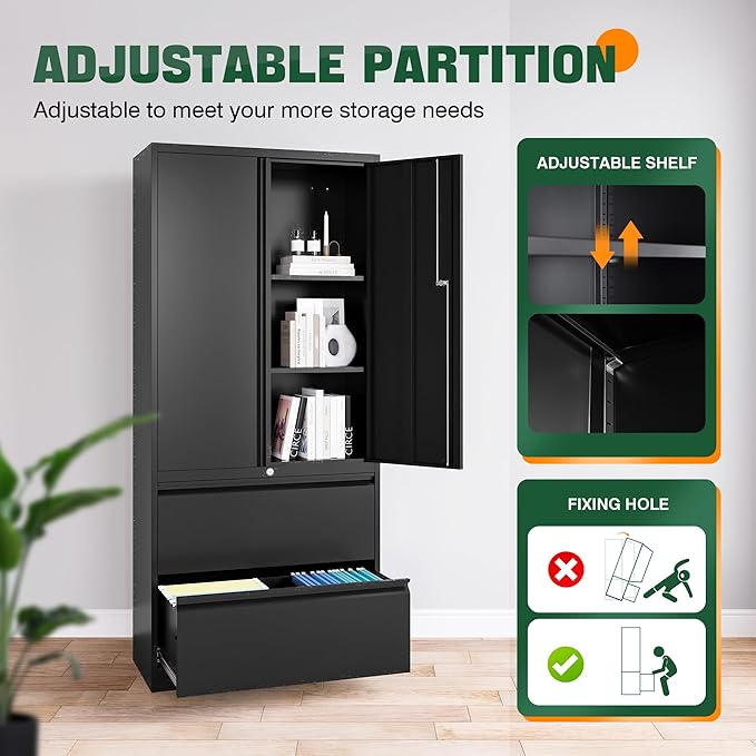 Letaya File Cabinet for Home Office, Metal Storage Cabinets with Adjust Shelves and Lock,2 Drawers Filing Cabinets-Hang Legal/Letter/A4/F4 Size Filing-Black