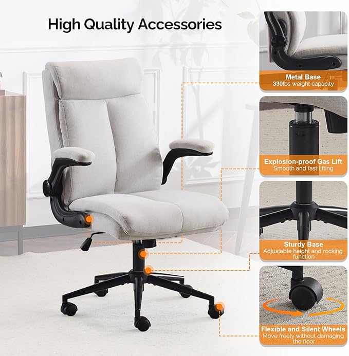 VINGLI Rolling Ergonomic Office Desk Chair with Padded Flip-up Arms, 360° Swivel High Back Executive Computer Chair with Wheels for Game,Home Small Space, Study Room, Reading Room, Linen Light Grey