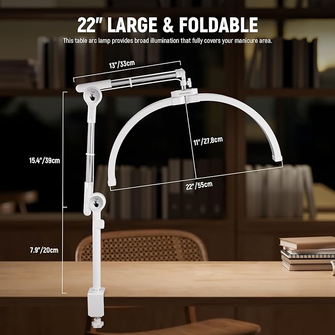 NEEWER Basics 22" Half Moon Lash Light with Articulating Desk Clamp Mount Stand/Phone Holder, 32W Foldable LED Nail Tech Table Arc Lamp for Makeup Beauty Tattoo Overhead Video Recording, HM03-D