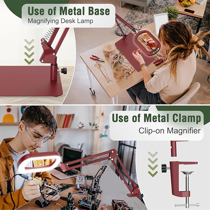 Veemagni 10X Rectangle Magnifying Glass with Light and Stand, 5 Color Modes Stepless Dimmable, 2-in-1 LED Lighted Desk Lamp & Clamp, Hands Free Magnifier for Reading Crafts Painting Close Work - Red