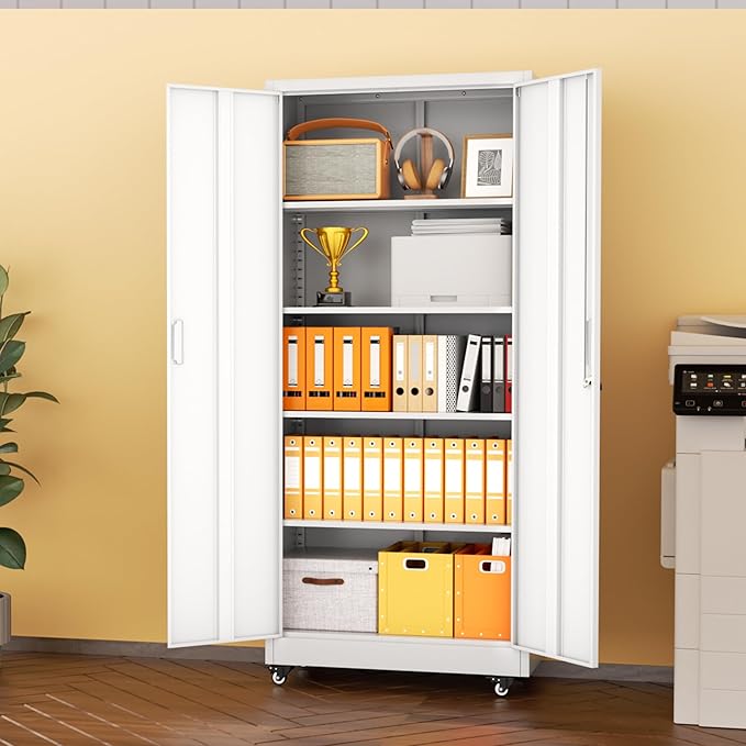 INTERGREAT Metal Storage Cabinet with Wheels, 73" H Rolling Metal Cabinets with Doors and Shelves,White Steel Lockable Cabinet on Wheels for Garage Storage