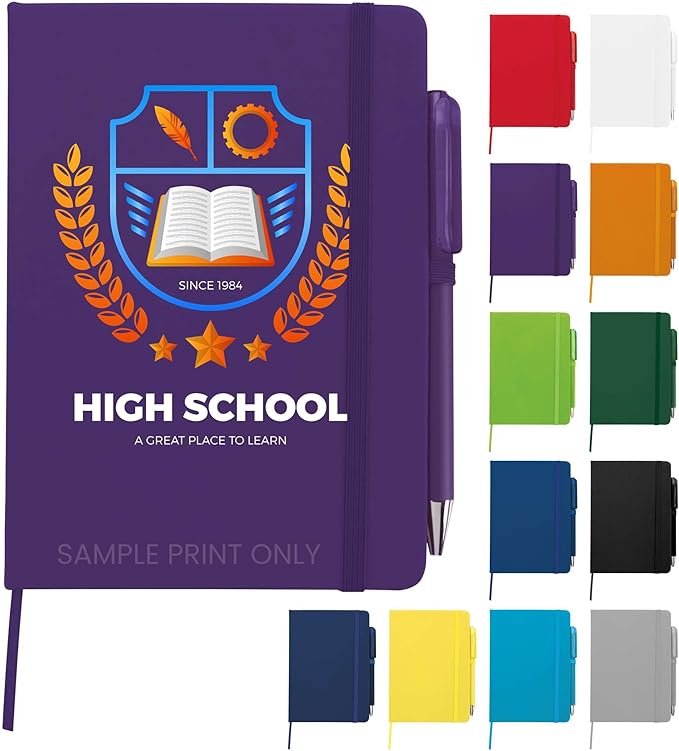 Personalized Notebook Journal – 5” x 7” Customized Notebook with Name, Text or Logo - 100 Page Custom Journal. Leatherette Hardcover & Pen - Purple 150 Pack