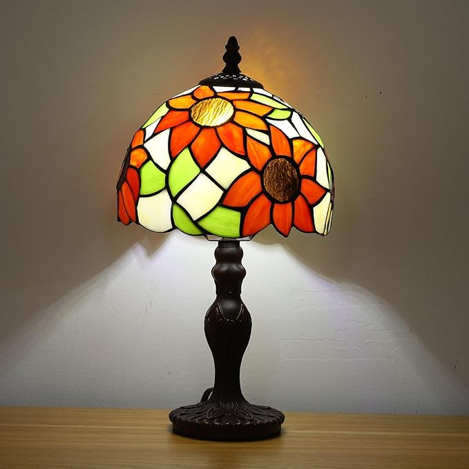 Tiffany Small Table Lamp Sunflower 3-Way Color Temperatures Stained Glass Table Lamps for Living Room Bedroom Bedside Nightstand Night Light Home Office Desk Lamp W/LED Bulb 8X8X15Inch