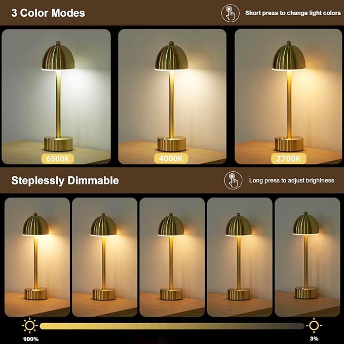 UMEXUS Small Cordless Lamp Mushroom, 5200mAh Rechargeable Battery Operated Lights for Restaurant Bar Table, Dimmable Touch Nightstand Lamp, Portable Table Lighting for Outdoor Patio, Modern Gold Brass