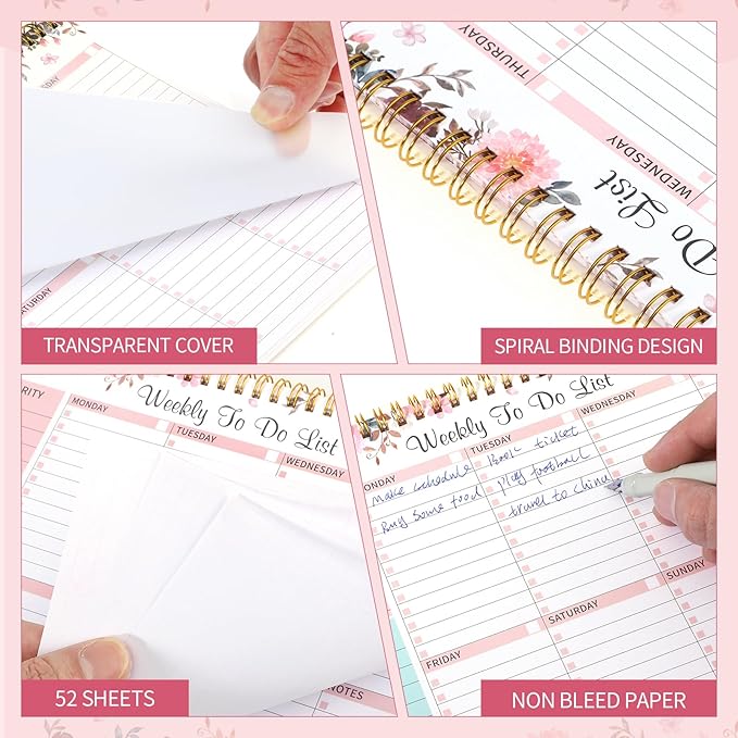 Weekly To Do List Notepad with 52 Undated Sheets, 8.5"×11" Week Desk Planner Undated Weekly Planner with Spiral Bound for Women & Man Home School and Work, Pink