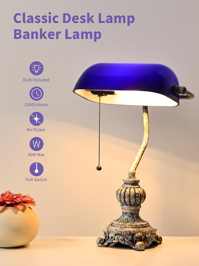 Newrays Retro Blue Glass Bankers Desk Lamp for Home Office,Library with Pull Chain Switch Plug in Fixture, LED Bulb Included