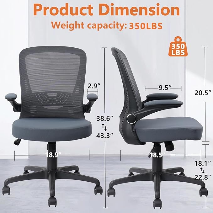 CLATINA Desk Chairs with Wheels, Ergonomic Rolling Mesh Office Chair Adjustable Height and Lumbar Support Home Office Computer Chair with Flip Up Armrests, Grey 2PK