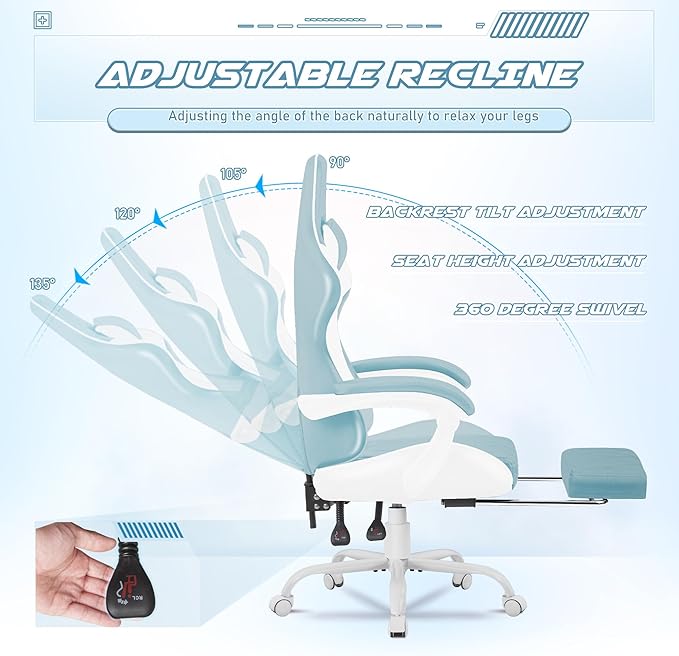Homall Gaming Chair, Computer Chair with Footrest and Massage Lumbar Support, Ergonomic High Back Video Game Chair with Swivel Seat and Headrest (Light Blue)
