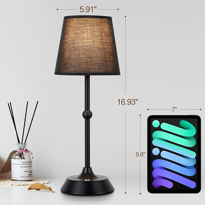 LED Cordless Black Table Lamp Portable Dimmable Desk Lamp 6000mA Battery Powered Touch Control Table Lamp Dining Room,Bedroom,Bar,Camping,Balcony.