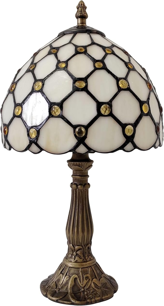 Small Tiffany Table Lamp 8 Inch Tiffany Style Desk Lamp Stained Glass Antique Light Bedroom Bedside Lamp Retro Reading Lamps (White Pearls Style)