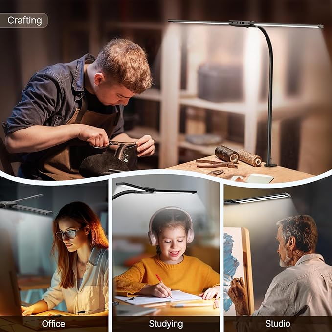 Syrinx LED Desk Lamp for Home Office ā Eye-Caring Dual Head Desk Light with Flexible Gooseneck, Clamp, Gesture/Wired Control, 50 Lighting Modes with Memory/Timer for Study, Crafting