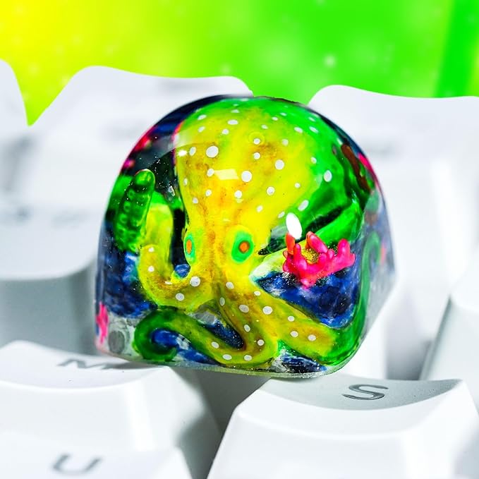 Green Octopus Artisan Keycap DOM Profile Custom Ocean Sea Creatures Keycaps 1U ESC Handmade Gaming Kraken Resin Key Cap Cherry MX Switch Compatible Mechanical Keyboard Octopus Lover Gift